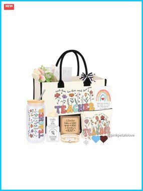 Canvas Tote Bag Gift Set with Glass Cup, Candle, Bracelets, Keychain,